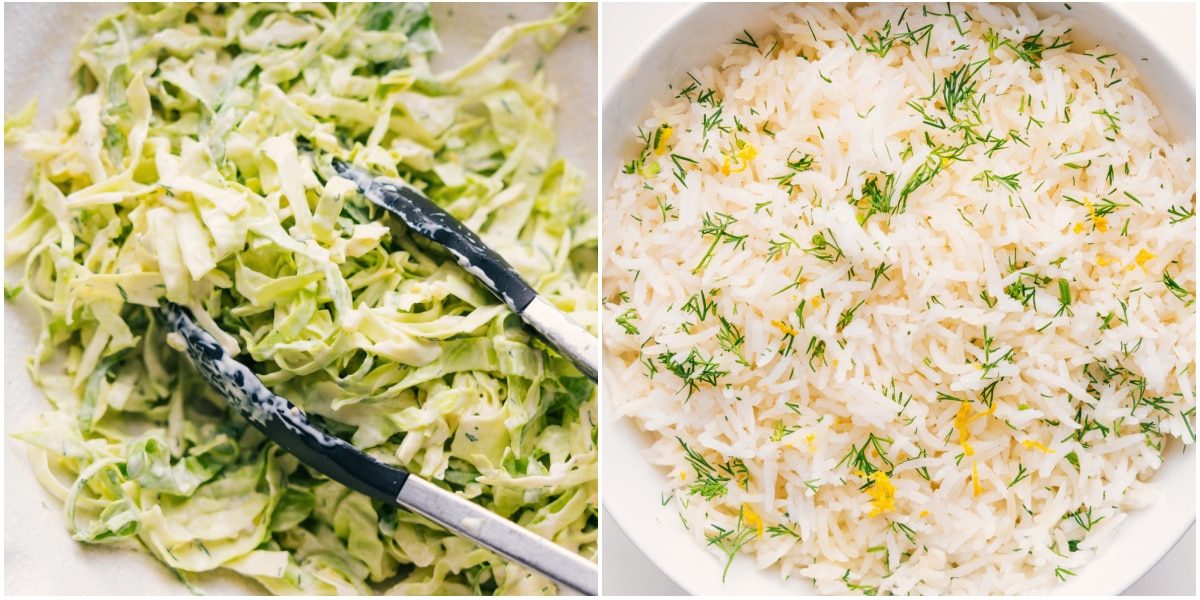 The lemon dill slaw and lemon rice prepped out for this blackened salmon recipe.