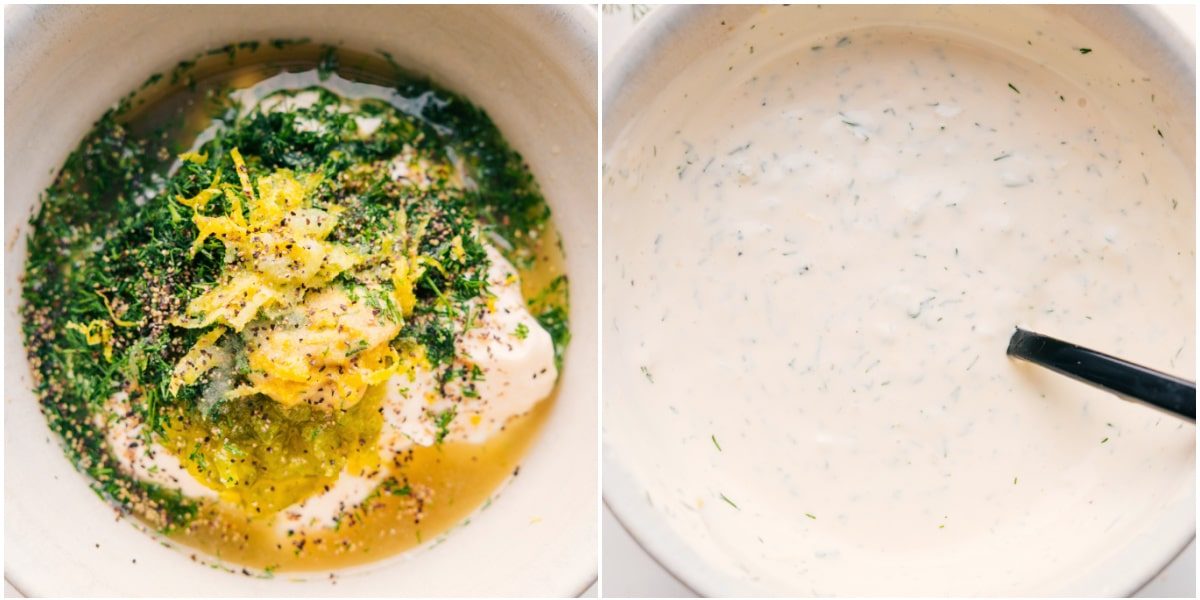 The lemon dill sauce whisked together in a bowl.