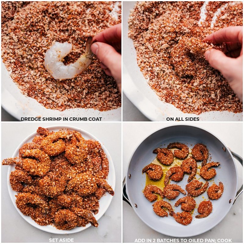 Dredge shrimp in crumbs, cook in two batches for this blackened shrimp recipe.