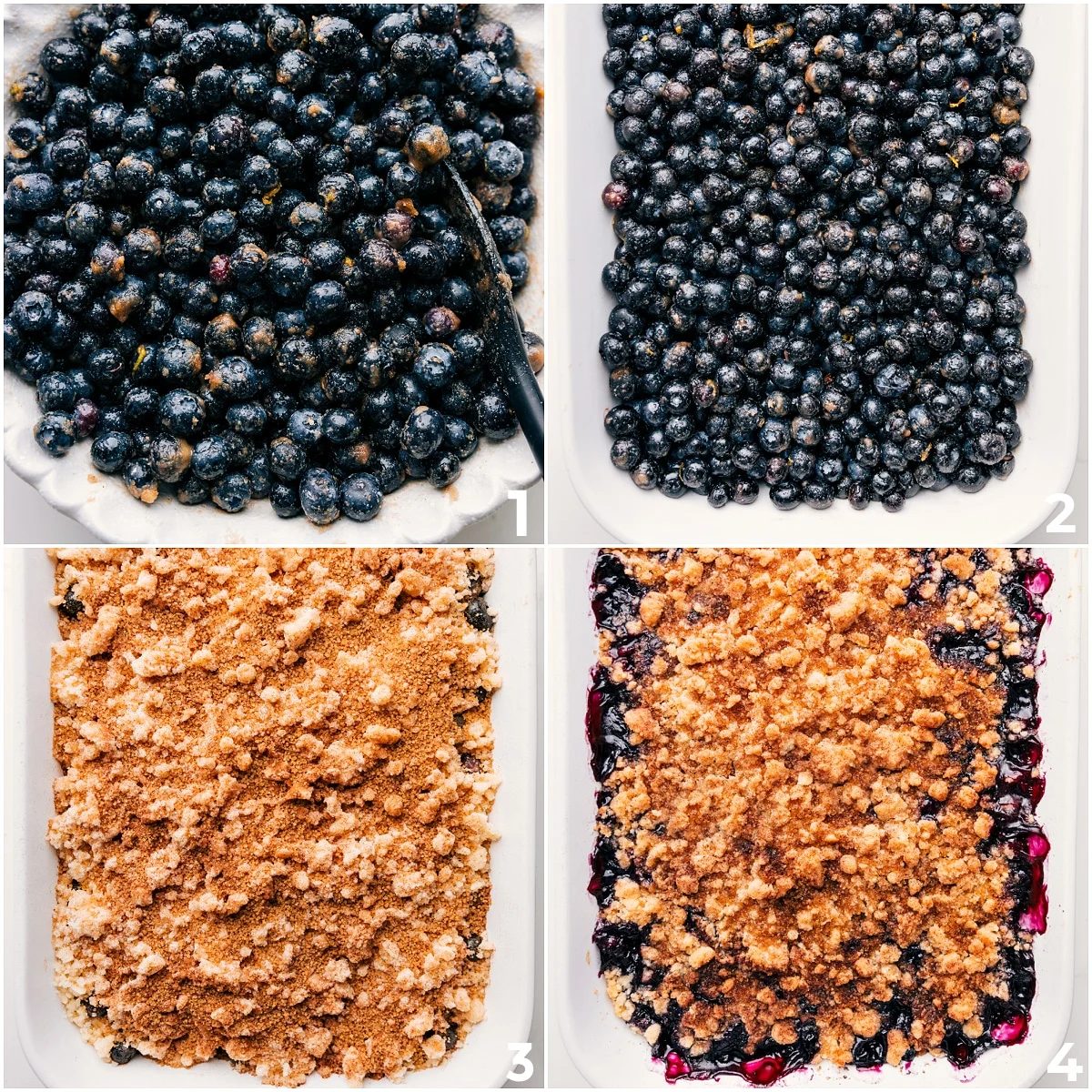 Blueberries tossed in sugar and spices added to the pan, topped with crumble, and baked until the edges turn golden.