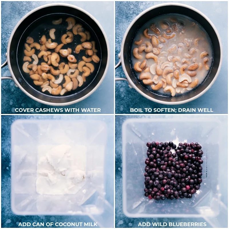 The cashews soaking, then your coconut milk and wild blueberries being added to the blender.