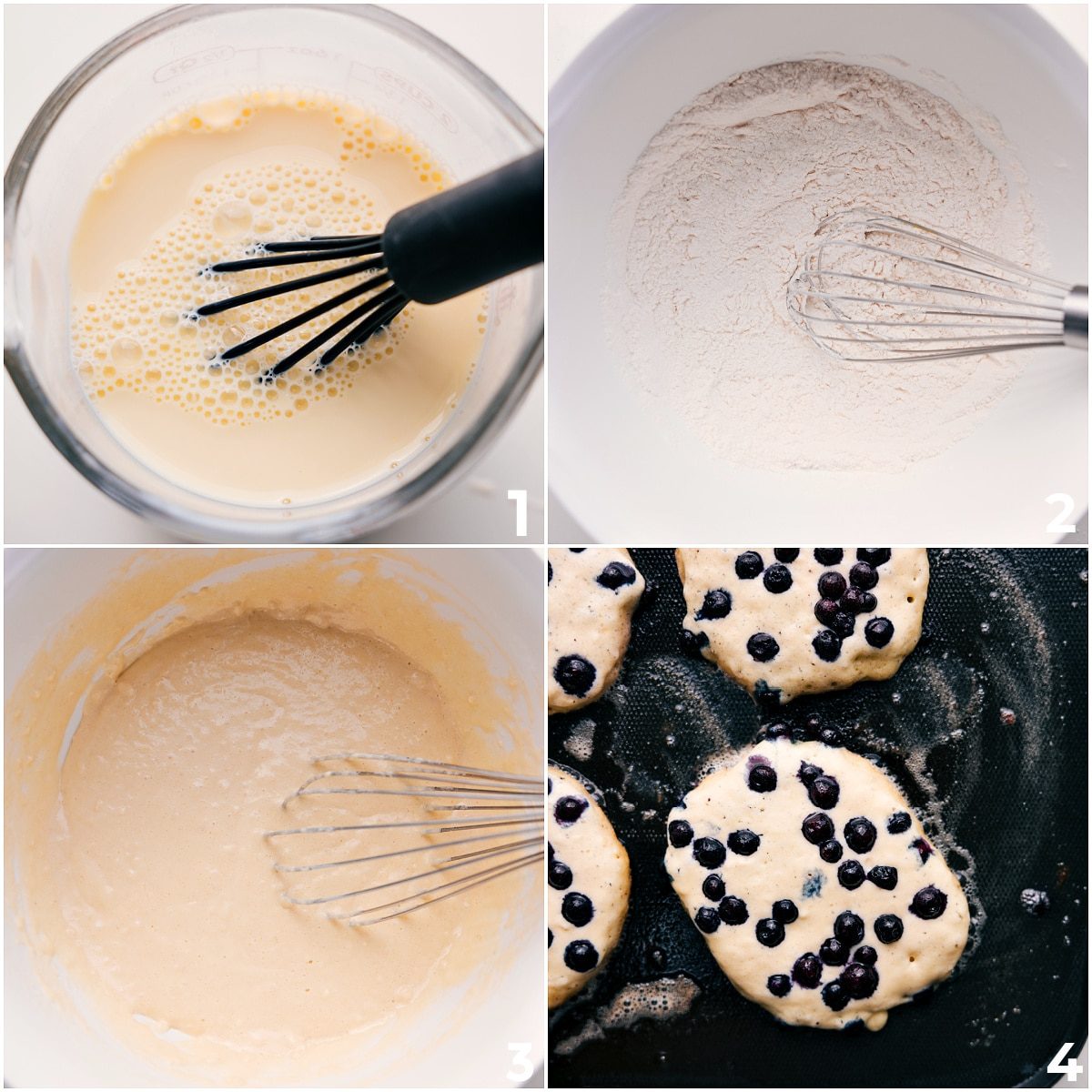 Wet and dry ingredients mixed separately, then combined into batter and cooked on a griddle for this blueberry pancake recipe.
