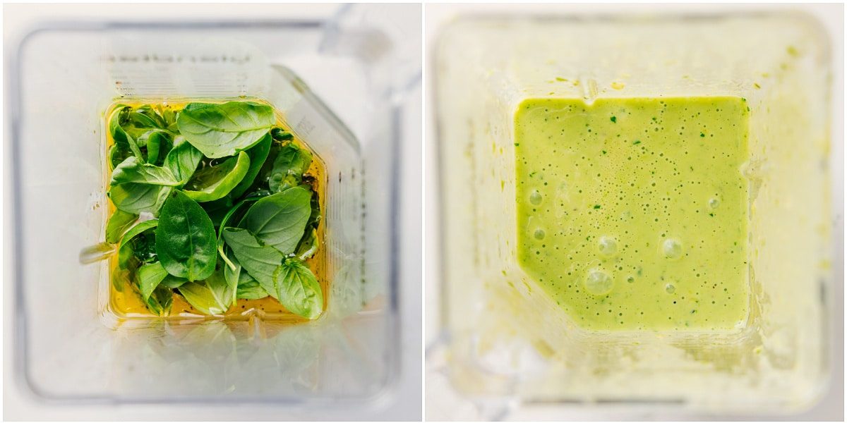 Blueberry salad dressing ingredients added to a blender before blending smooth.
