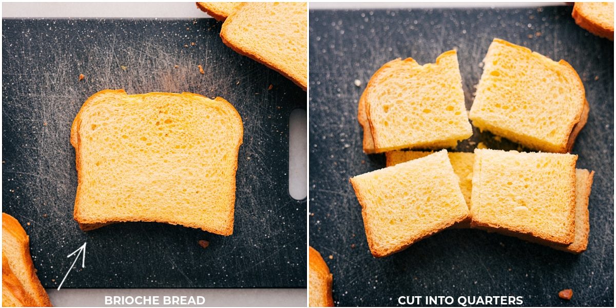 Brioche cut into quarters, prepared for making the dessert.