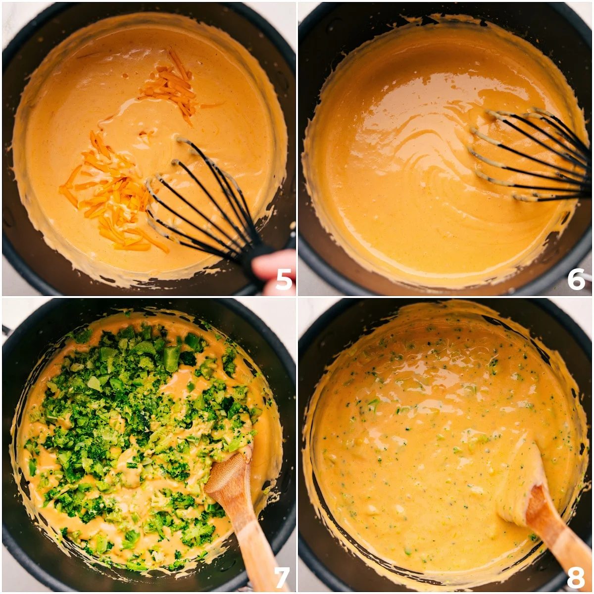 Whisk the cheese sauce in a pot, then mix in the cheese and broccoli.