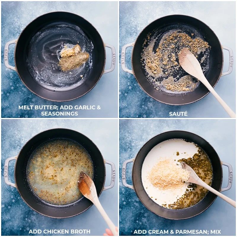 Process shots: Melt butter and add in seasonings; saute; add in chicken broth; mix in Parmesan and cream.