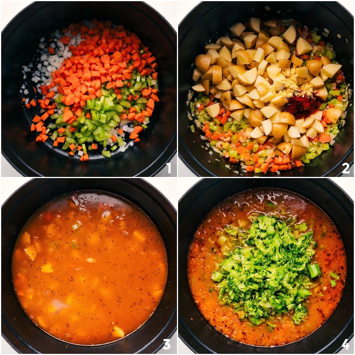 Sautéing the mirepoix, then adding the potatoes, seasonings, and stock before cooking everything down and stirring in the broccoli for Broccoli Potato Cheese Soup.