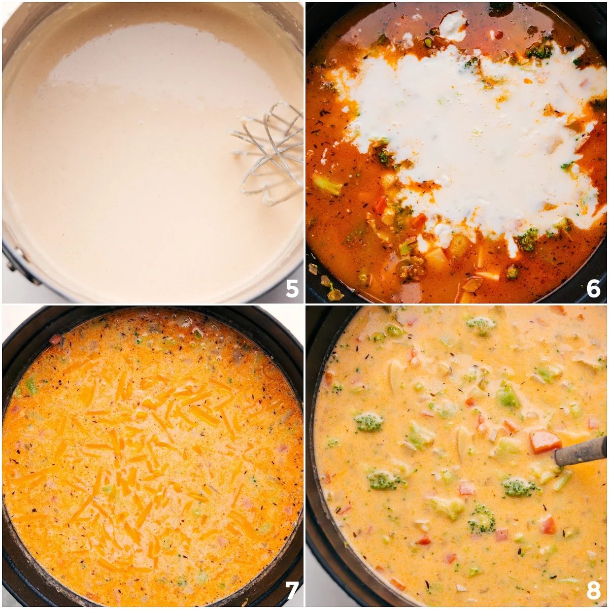 Whisking together the cream sauce and adding it into the soup and mixing it all together.