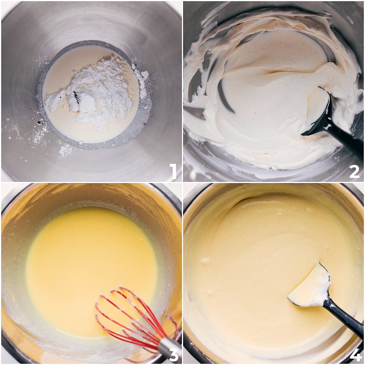 The cream layer of this dessert being whipped together in a bowl.