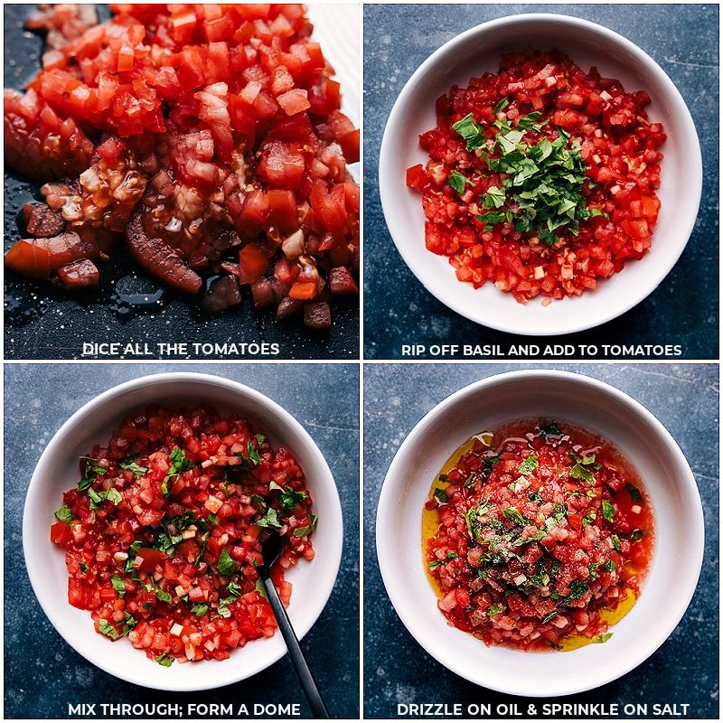 The tomatoes, basil, oil, and salt being added to a bowl to make the topping.