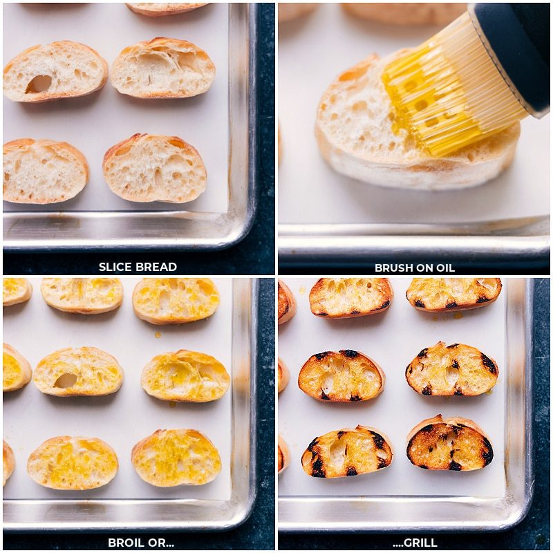 Bread slices being broiled or grilled for an straightforward bruschetta recipe.