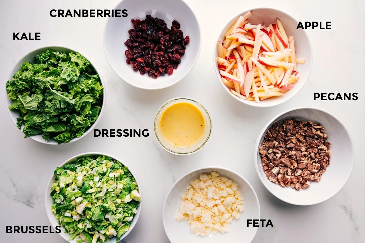 All the ingredients prepped out for straightforward assembly including the kale, Brussels, cranberries, dressing, feta, pecans, and apples.