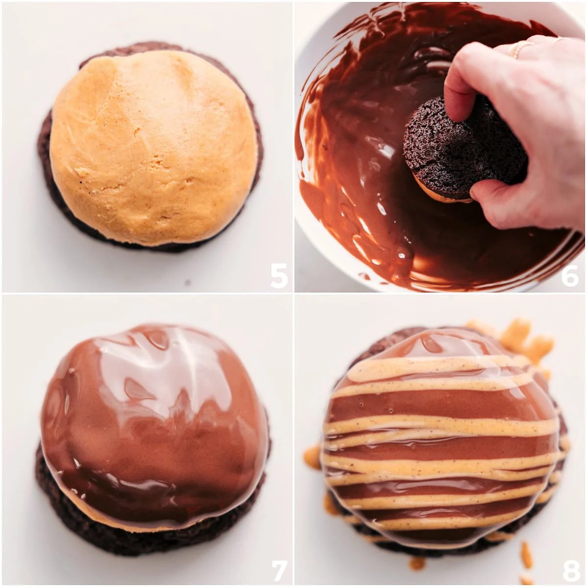 The baked cookies layered with the peanut butter layer and topped with chocolate.