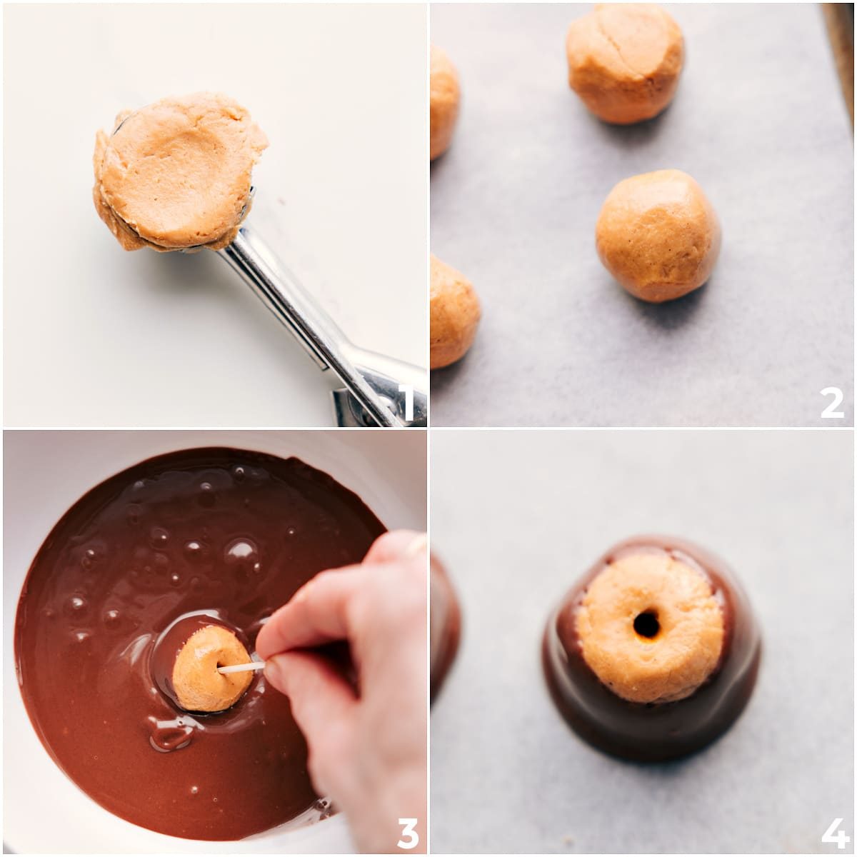 The peanut butter mix rolled into bowls and then dipped into chocolate to make this buckeye candy recipe.