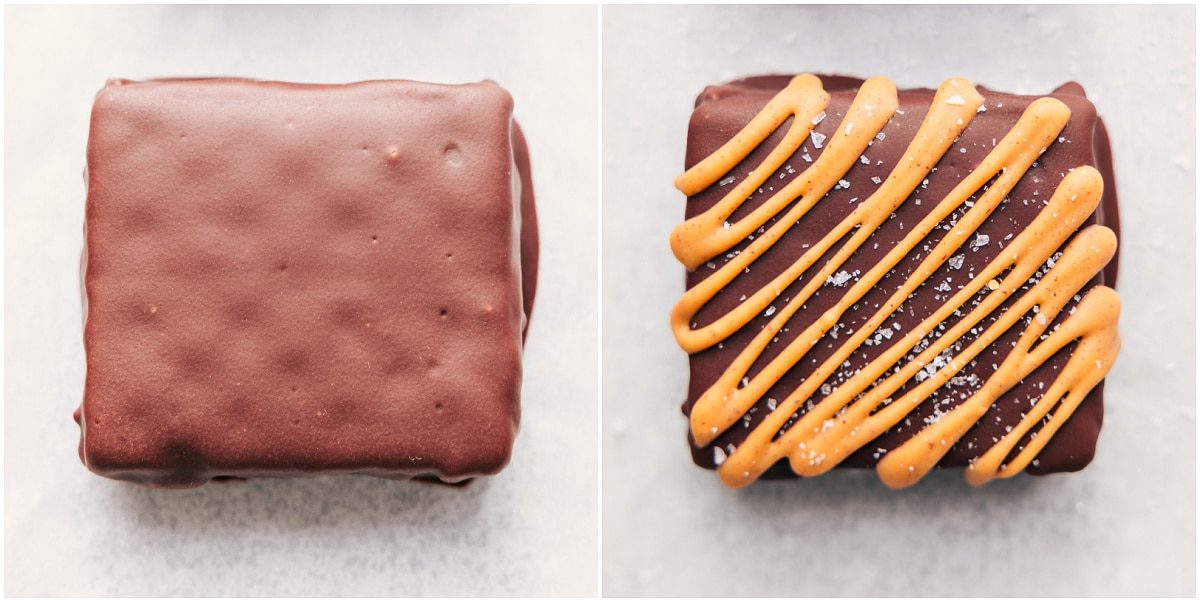 The treat dipped in chocolate and then drizzled with peanut butter on top and flaky sea salt for a satisfying sweet and salty treat.