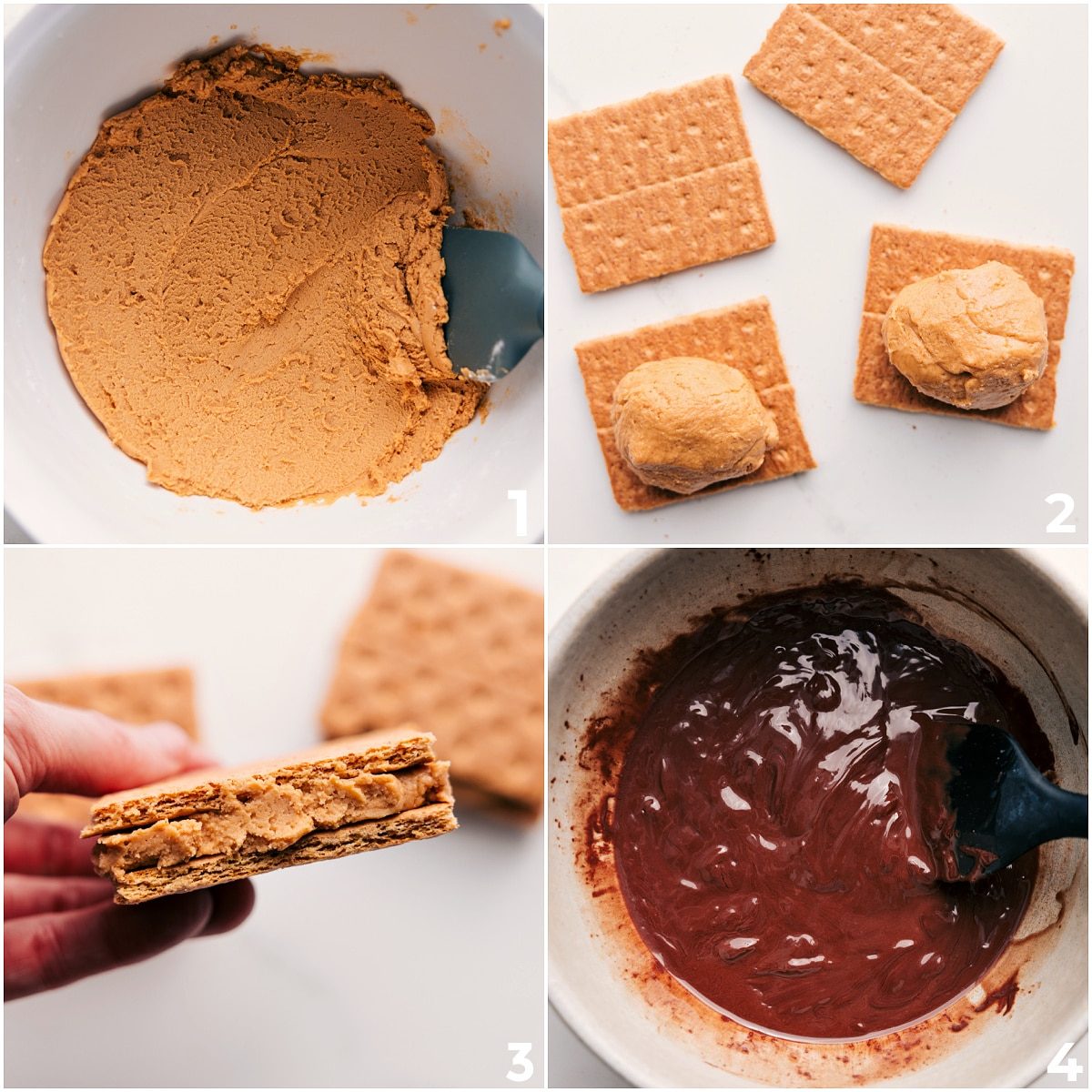 The peanut butter filling being mixed together and then spread between two graham crackers and it all being dipped in chocolate for these buckeye graham crackers.