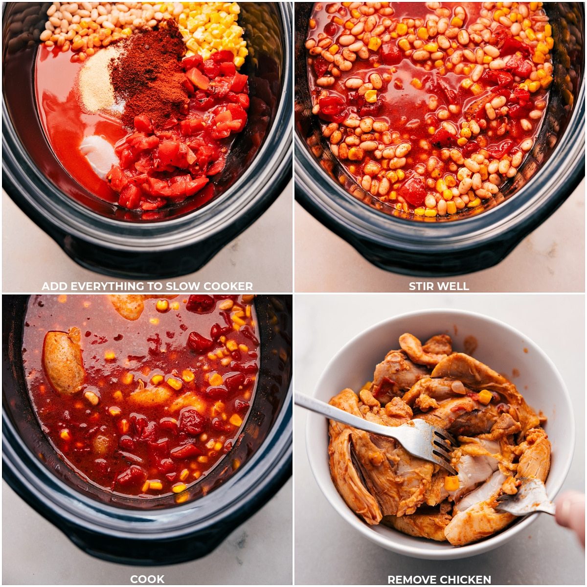 All the ingredients for the Buffalo Chicken Chili being added to the slow cooker and it all being cooked.