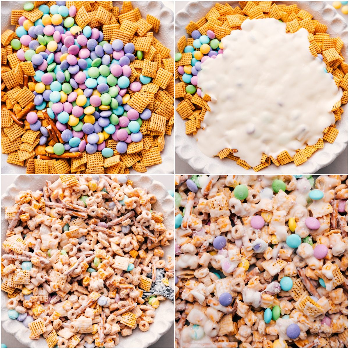 Add everything to one bowl and mix well. Pour in the white chocolate, stir to coat, then spread it all on a sheet pan to harden. That’s how this Bunny Bait comes together!