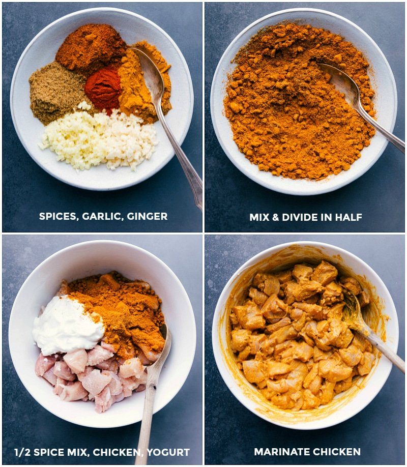 Spices being measured, mixed, and combined with yogurt and chicken to marinate.
