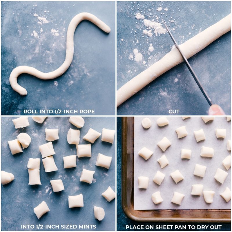 Process shots: roll the dough into a rope; cut into 1/2-inch chunks; keep nearby to dry