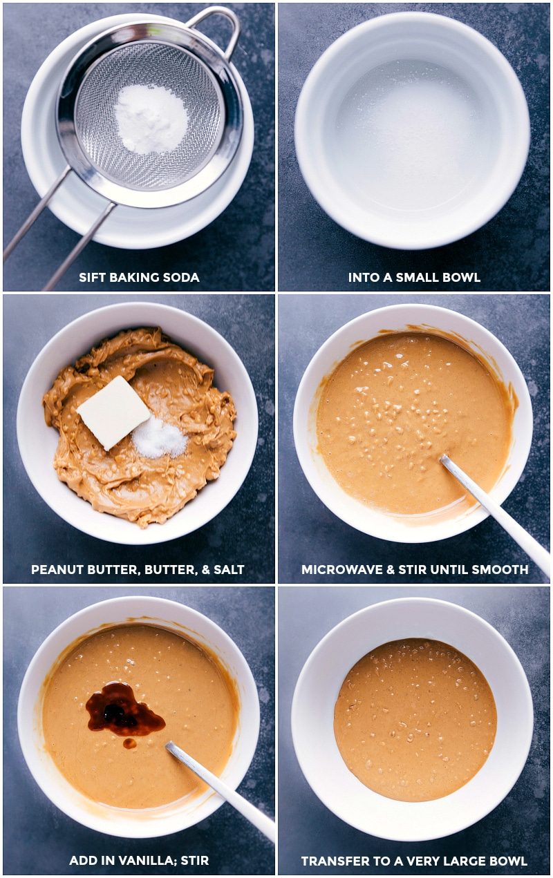 Process shots: sift soda and keep nearby; mix peanut butter, butter and salt' microwave and stir; add in vanilla; move to a large bowl.