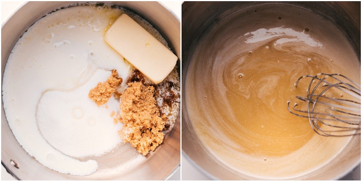Sugars, buttermilk, butter, and salt heating together in a pot to make buttermilk syrup.