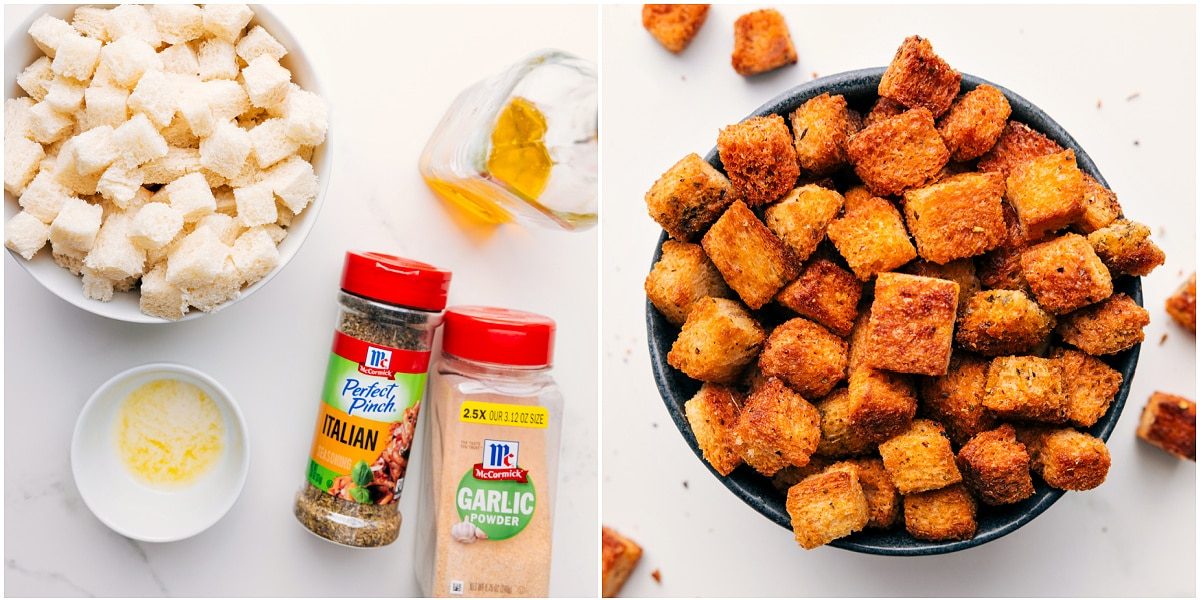 The crouton ingredients prepped, with croutons in a bowl after being evenly cooked.