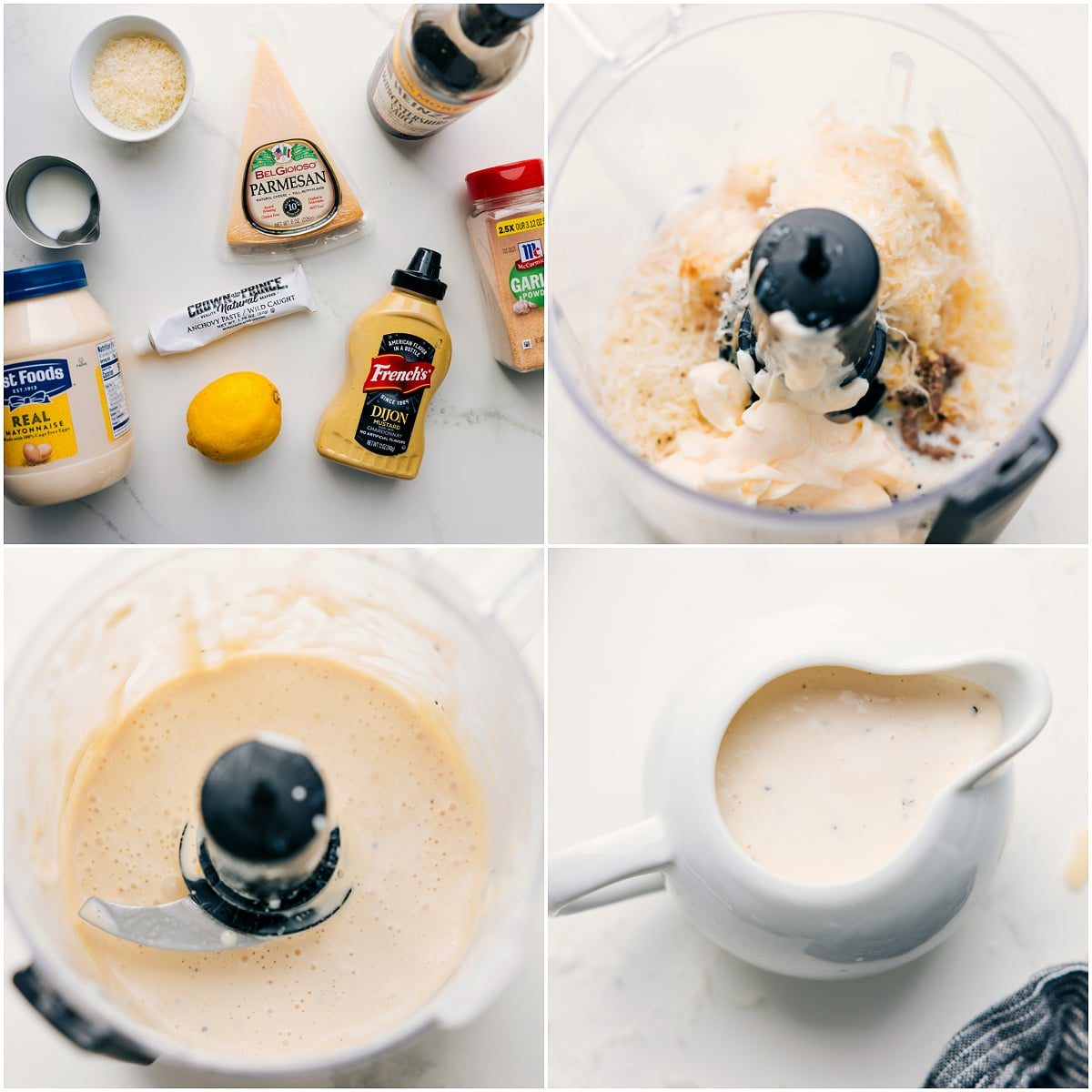 Make the Caesar salad dressing in a food processor by combining all ingredients and blending until smooth.