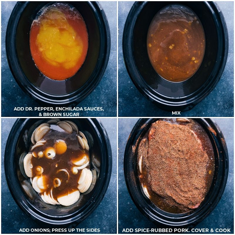 Process shots-- images of Dr Pepper, enchilada sauces, brown sugar, onions, and the spiced pork being added to the slow cooker