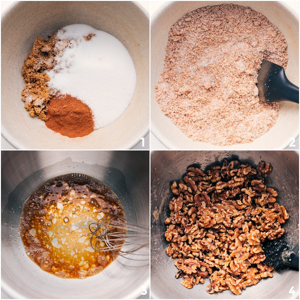Sugar and spices mixed in one bowl, egg whites and vanilla whisked in another, then walnuts tossed with both mixtures for candied walnuts.