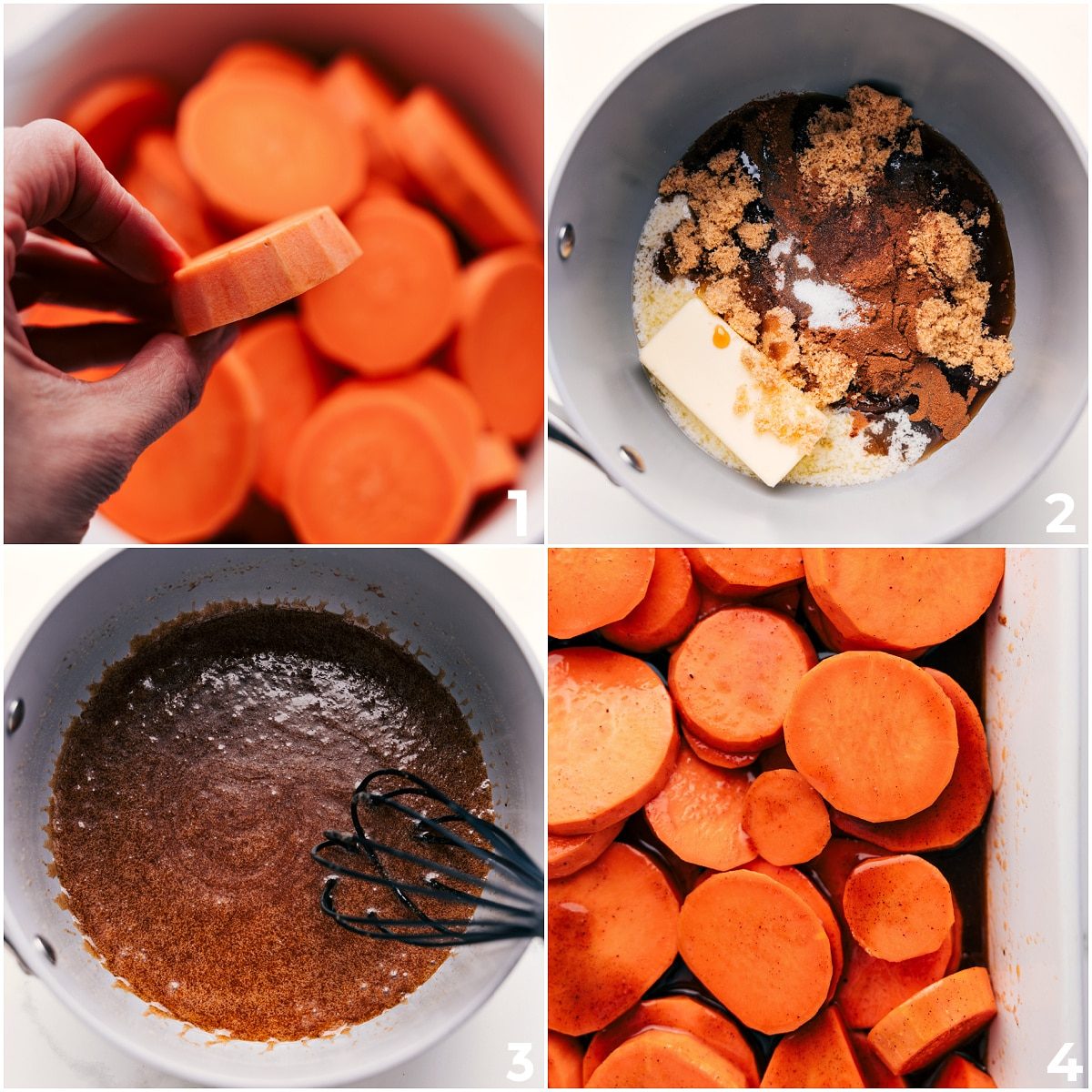 Thinly sliced yams arranged in a pan with a sugary butter mixture poured over them to coat each slice for candied yams recipe