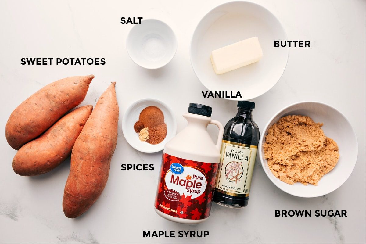 All the ingredients in this recipe prepped out for straightforward assembly including the sweet potatoes, salt, spices, maple syrup, butter, vanilla, and brown sugar.