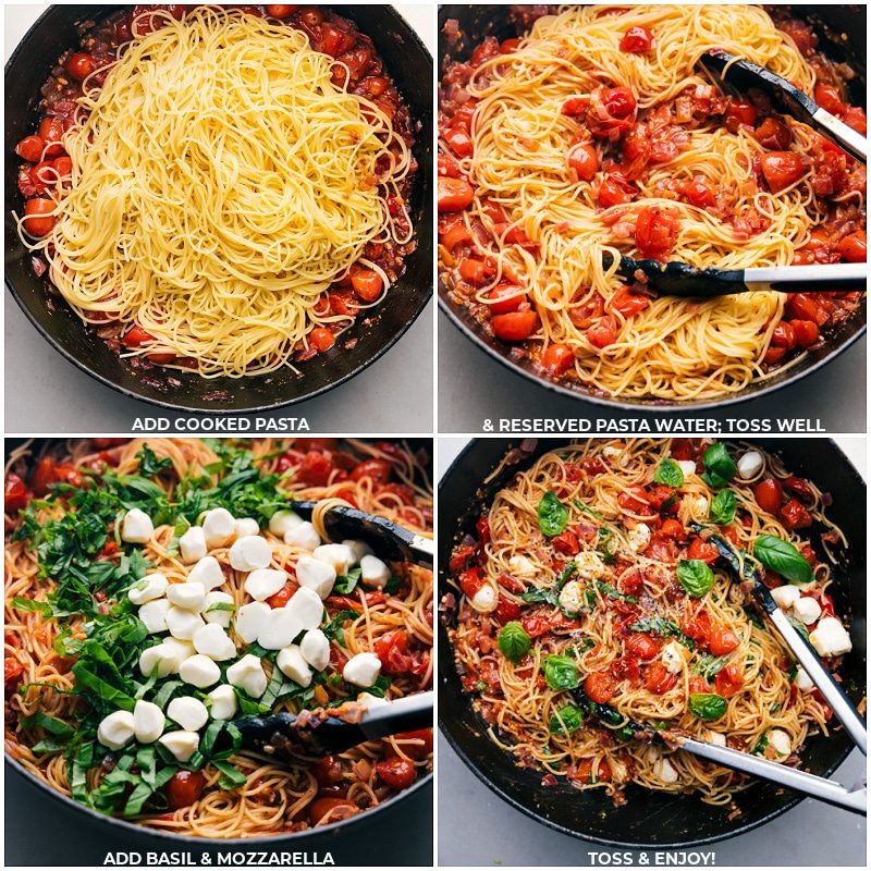 The cooked pasta, basil, and mozzarella all being added to the pot