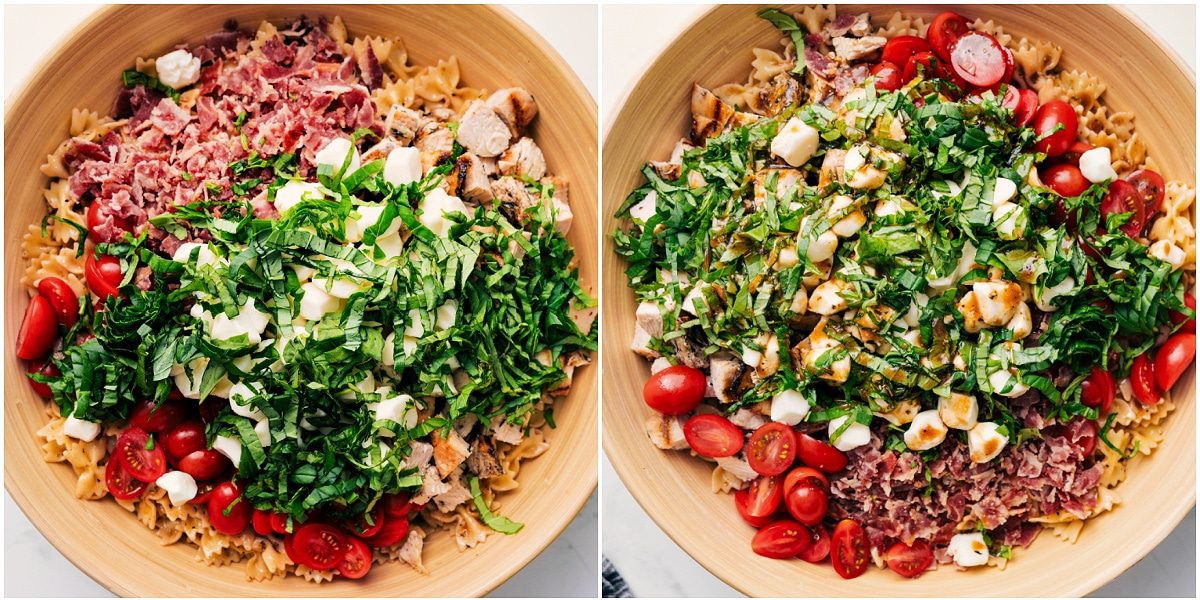 The salad in a bowl with all the ingredients added in and the dressing drizzled on top.