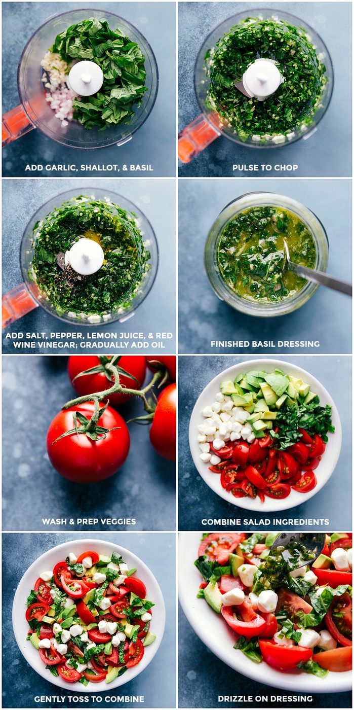 Basil dressing being blended, vegetables being prepped and added to a bowl, then everything mixed together.