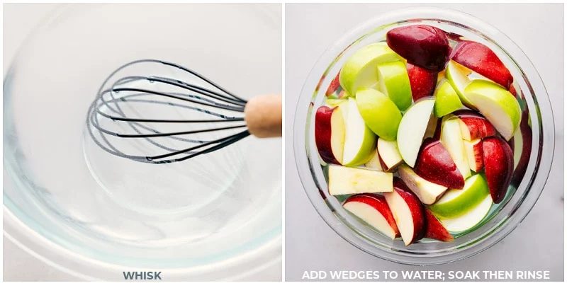 Process shots of Caramel Apple Bar-- images of the apples being soaked in the salt water