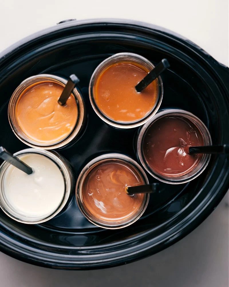 Overhead image of all the sauces in a slow cooker