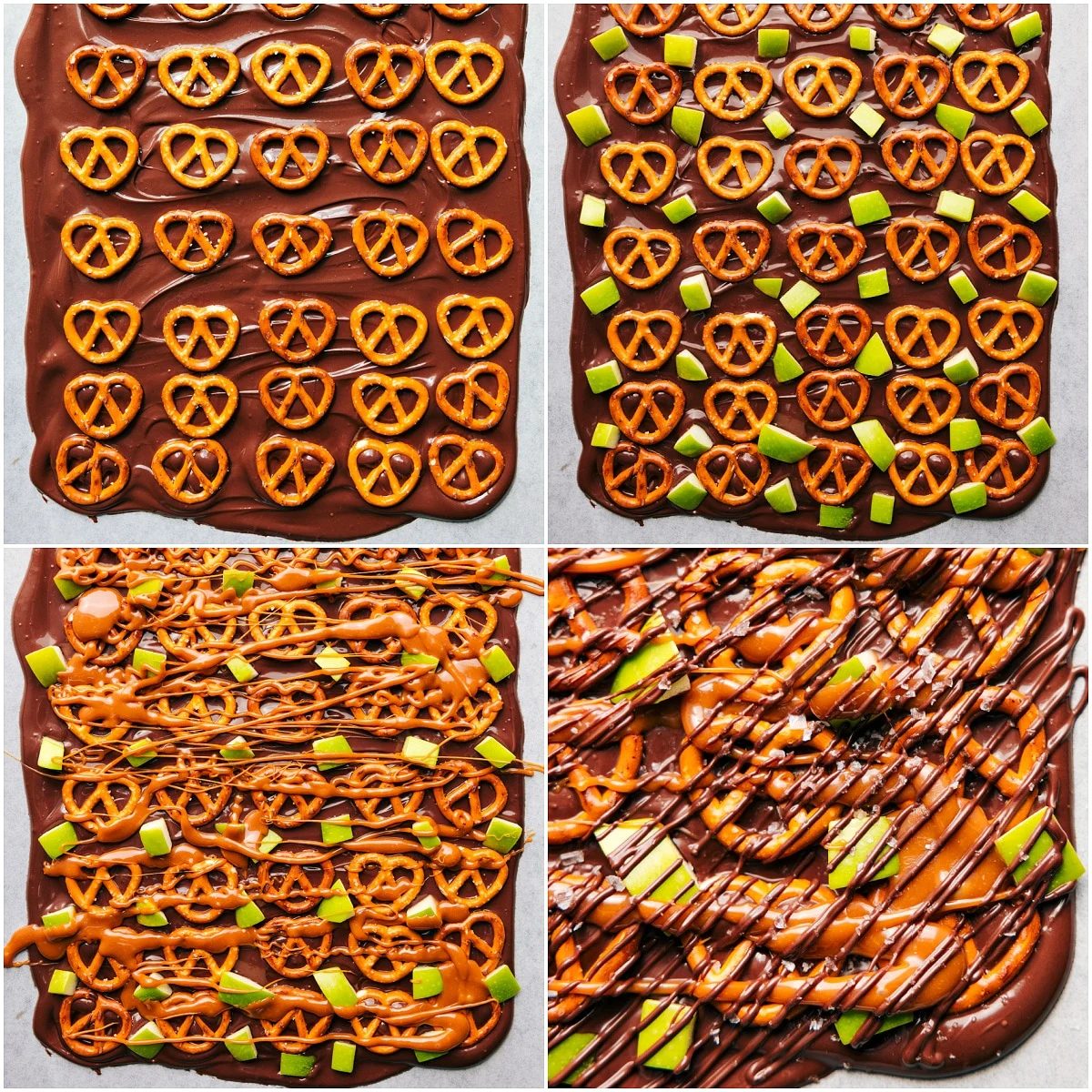 Caramel Apple Bark with melted chocolate, pretzels, apples, and caramel drizzle.