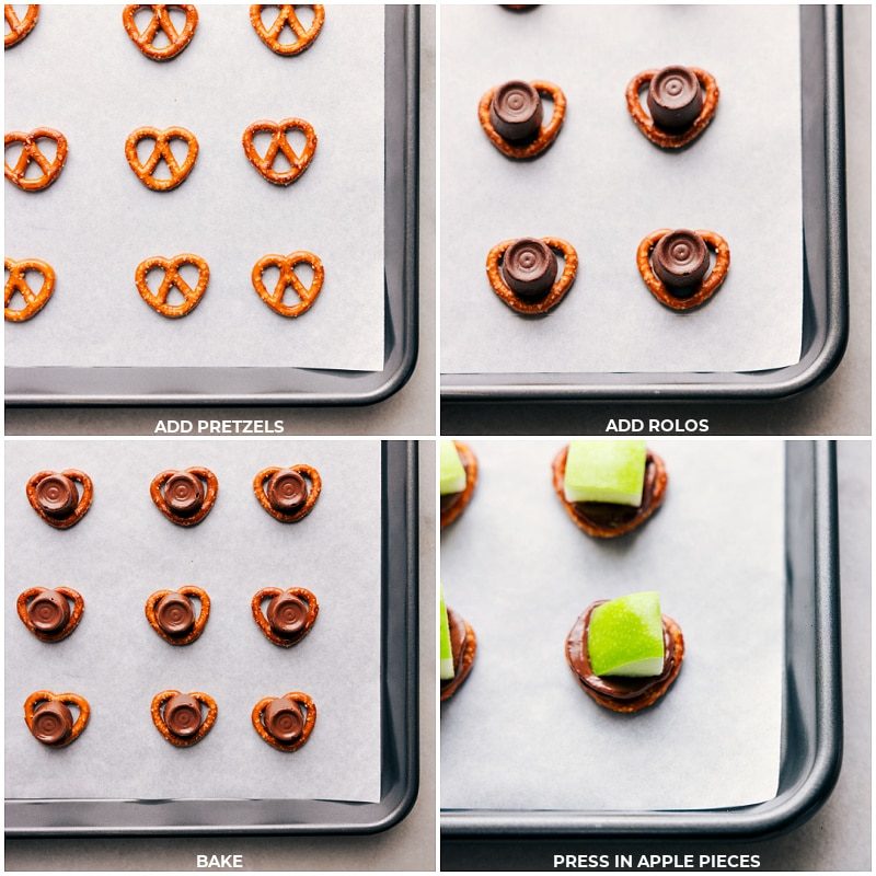 Place the pretzels on a sheet pan, and set the Rolos on top of them. Bake until melted, then top with a fresh apple slice to make these caramel apple bites.