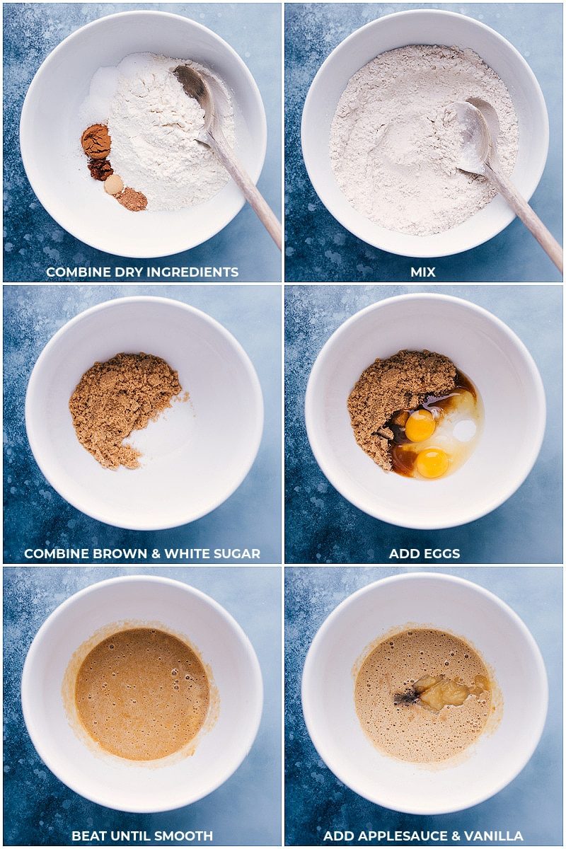 Wet and dry ingredients being prepped in separate bowls.