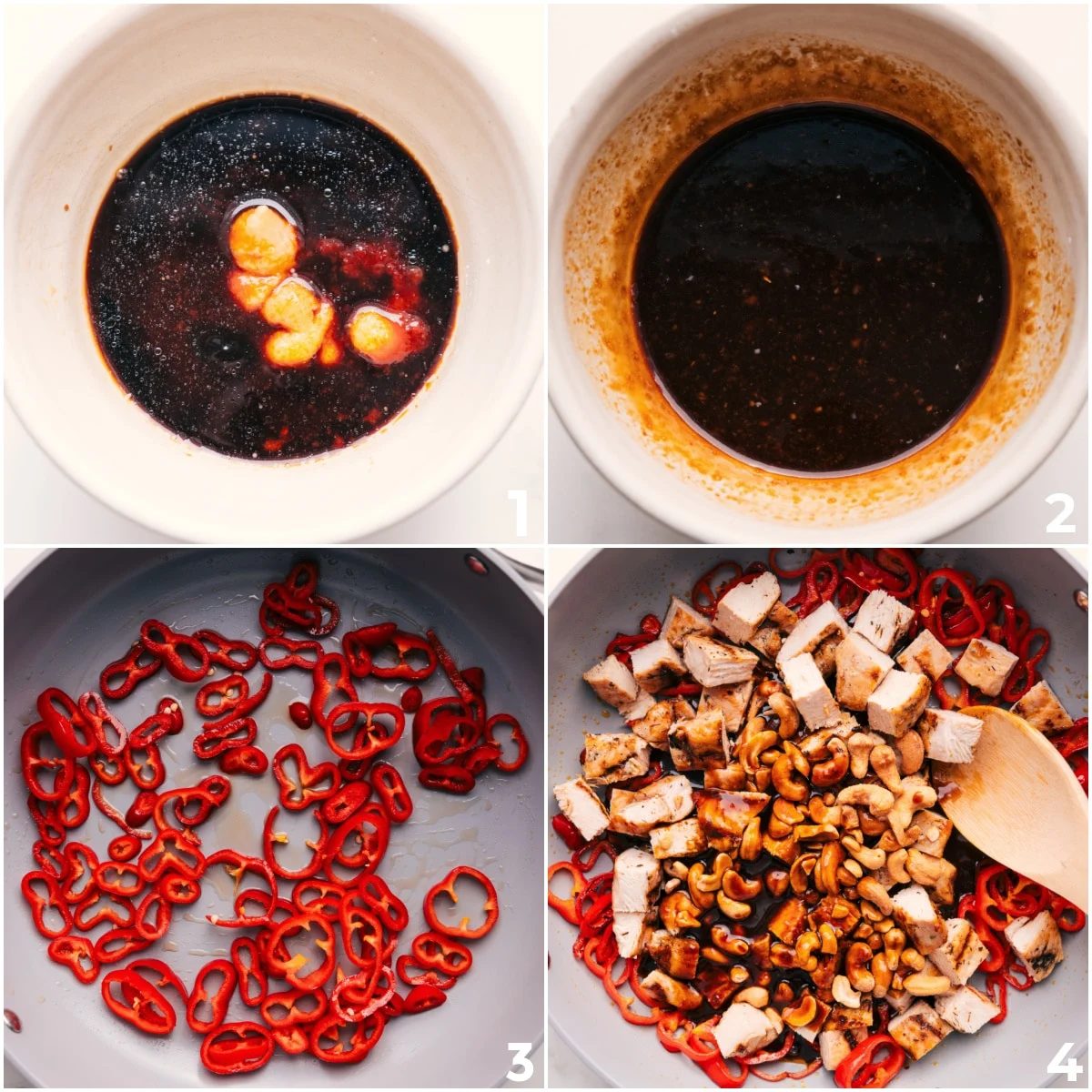 The sauce for this cashew chicken recipe being whisked together and then the peppers being sautéed and then the chicken, cashews, and sauce added in.
