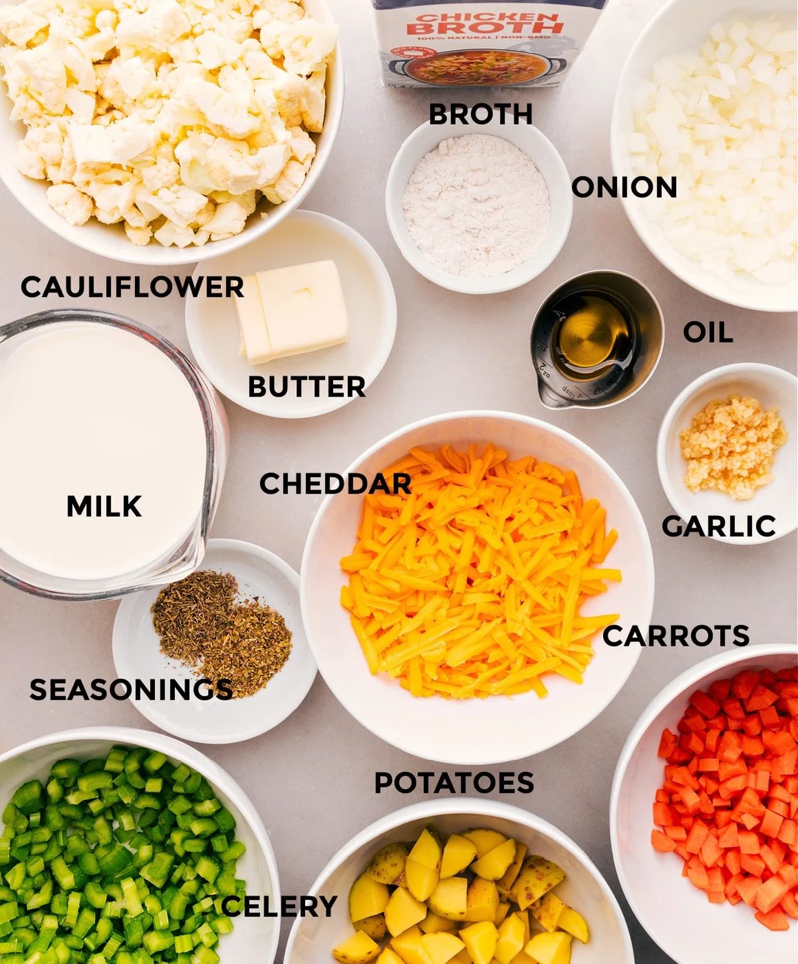 This recipe includes prepped ingredients like cheddar, veggies, broth, butter, milk, and seasonings for straightforward assembly.