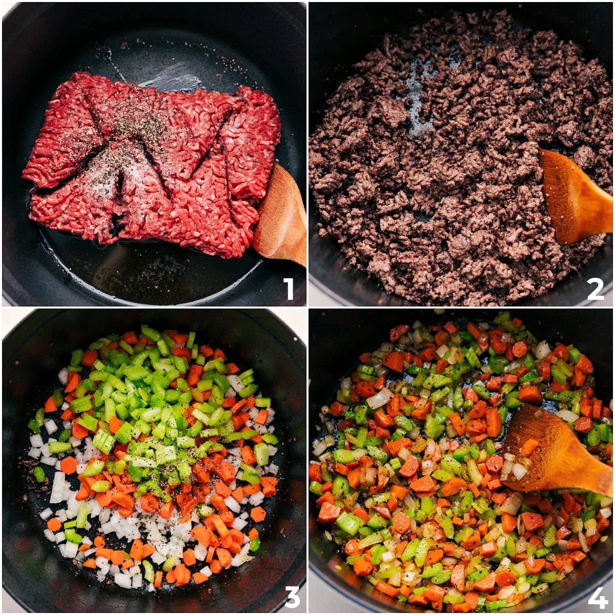 The beef being browned and seasoned, then removed, while the veggies are sautéed to create a flavorful base for this Cheeseburger Macaroni Soup.