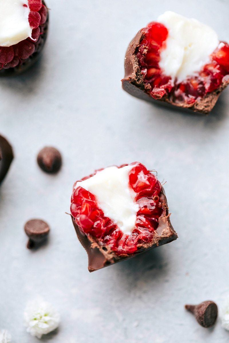 Overhead image of the cheesecake-stuffed raspberries