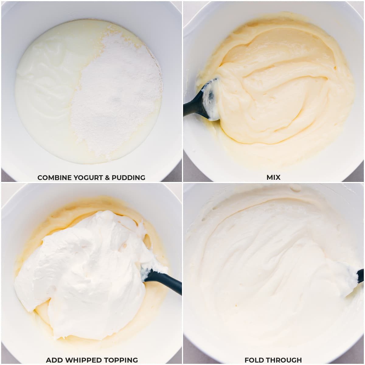 The yogurt and pudding being mixed together and then the cool whip being folded in for this cheesecake fruit salad.