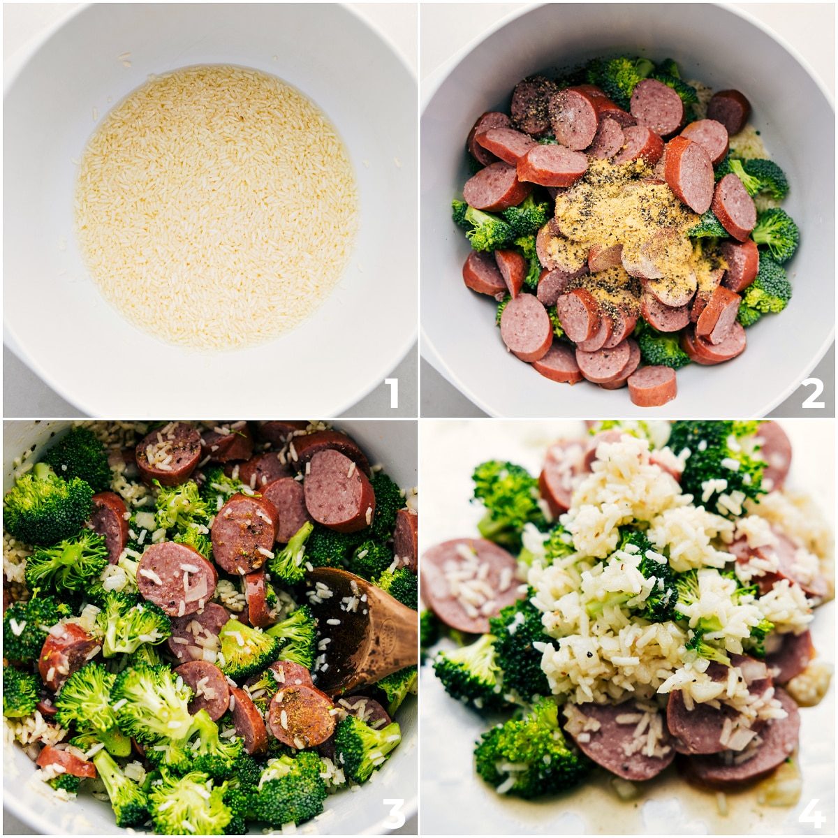 All the ingredients in Cheesy Broccoli & Chicken being combined in a bowl and it all being assembled.