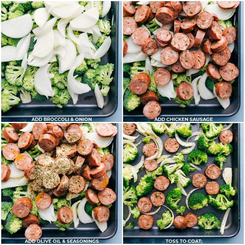 Veggies and chicken sausage on a tray with oil and seasoning.