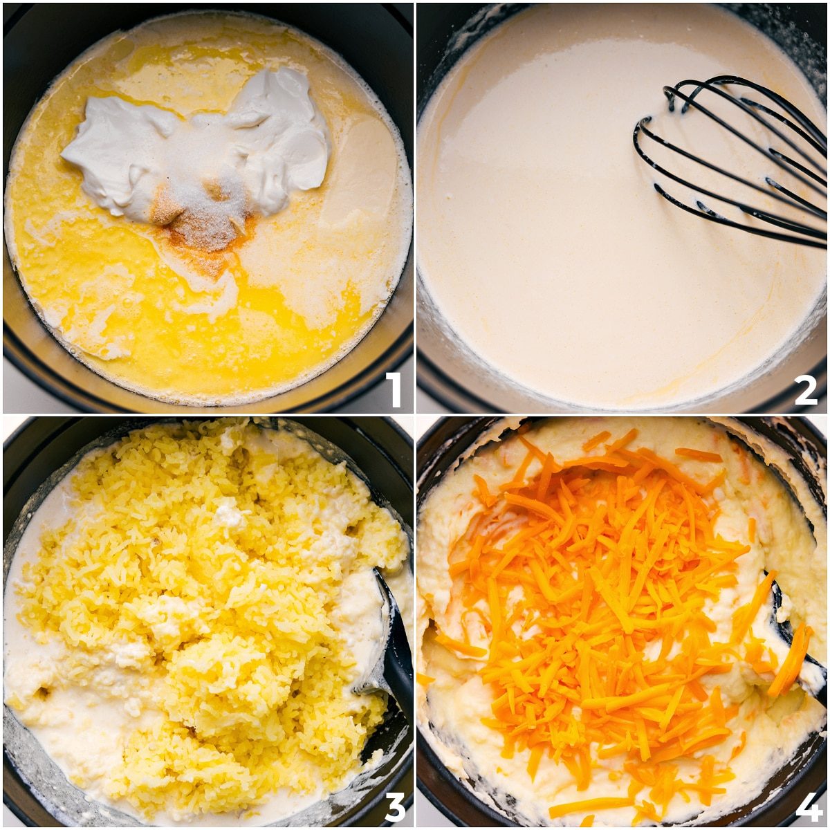 The creamy cheesy mashed potatoes base being whisked together in a pot and then the mashed potatoes being added in along with cheese.