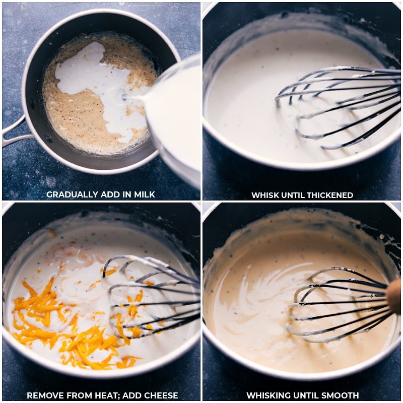 Add milk and cheese to the pot, then whisk until smooth.