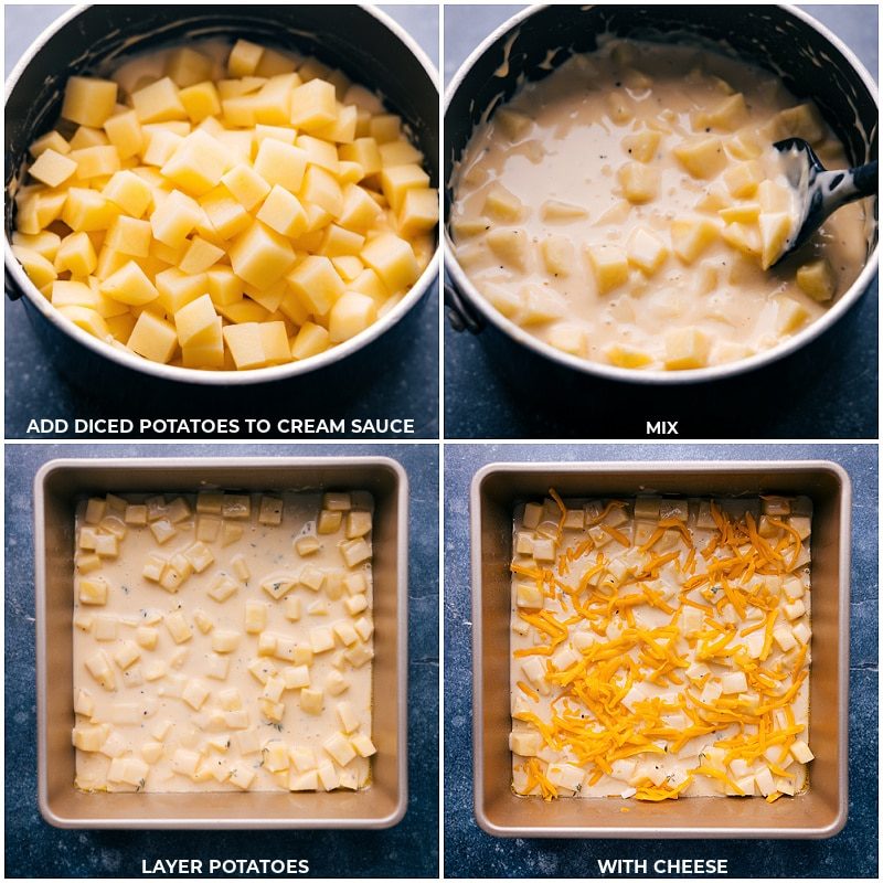 Add potatoes to the cream sauce, pour everything into the pan, and top with cheese.